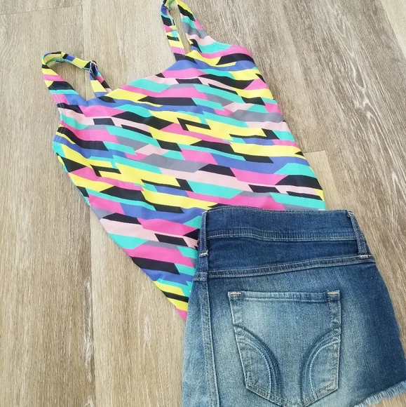 Relleciga One Piece Swimsuit Color Block Geometric Neon Stripe Bodysuit NWT - Picture 5 of 14